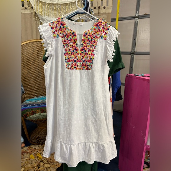 Kirundo White Embroidered Smock Midi Dress Pom Pom sleeves Size Medium - Picture 11 of 11